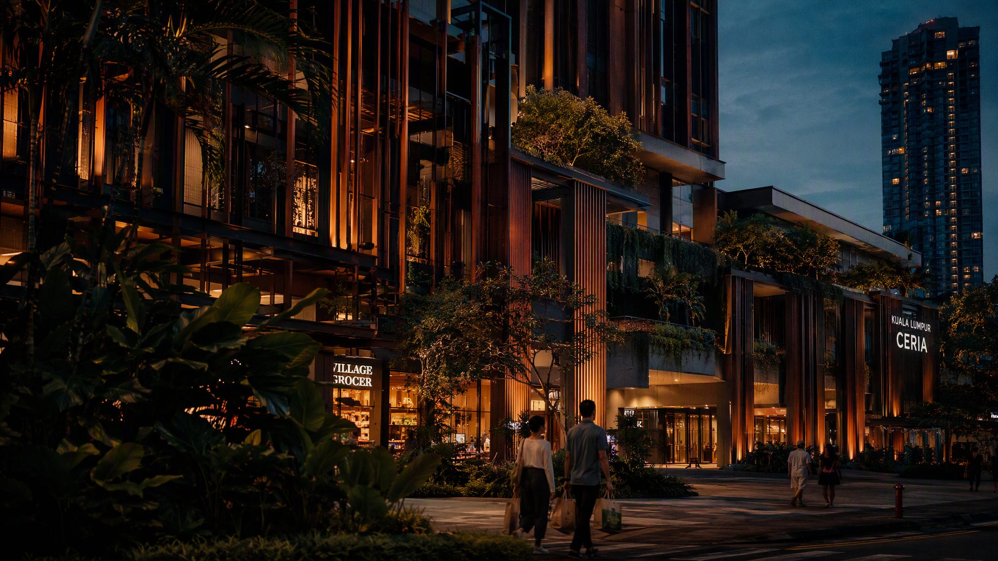 Millerz Square at dusk, warm windows glowing