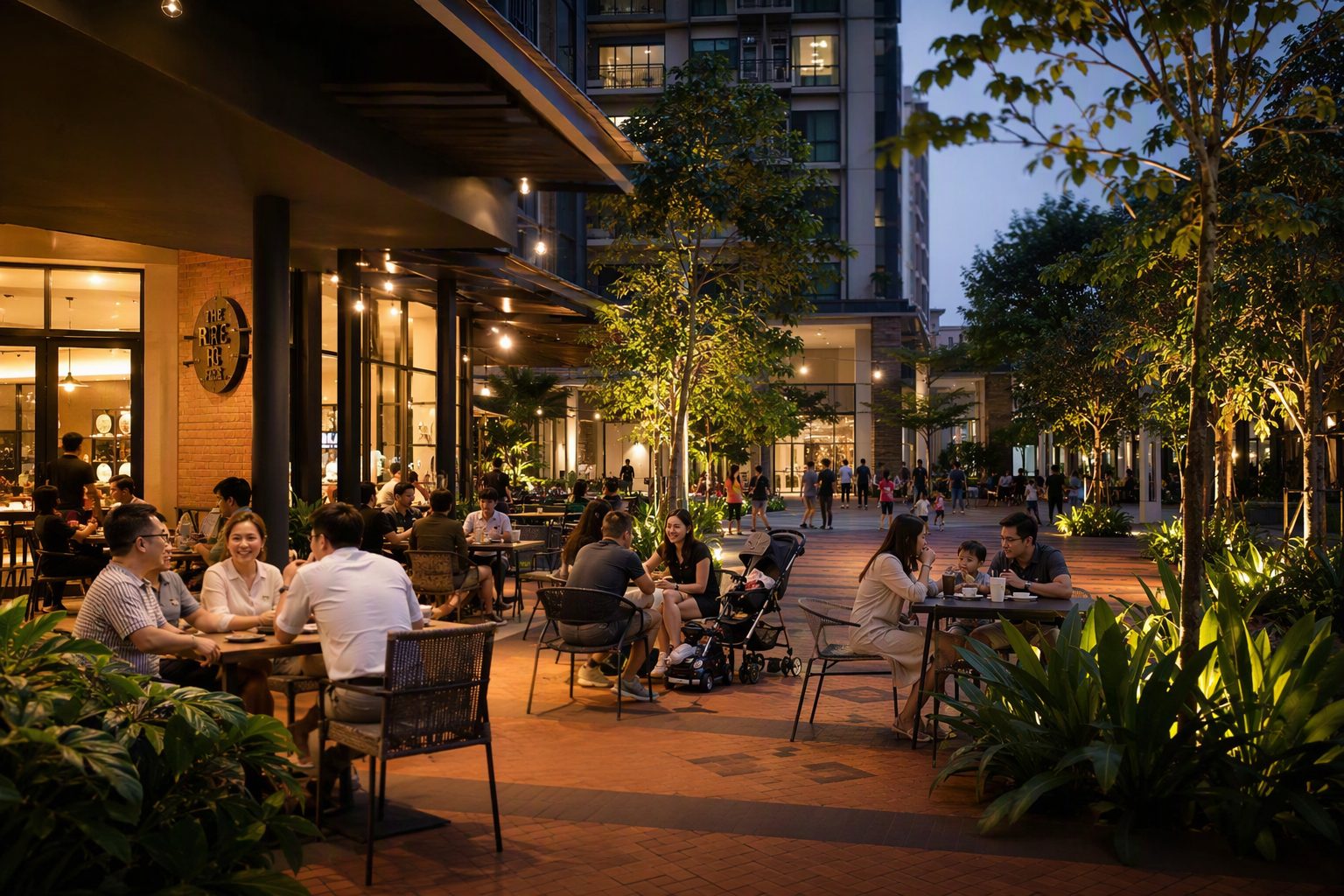 Neighbours at the ground-floor plaza