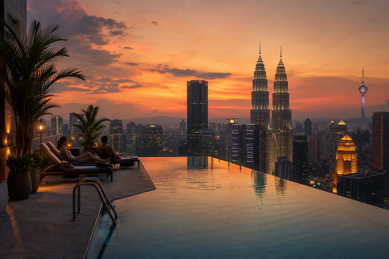 Rooftop pool over the KL skyline at dusk